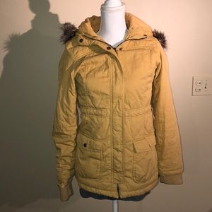 Mustard Yellow Warm Outwear Coat w/ Faux Fur Hood